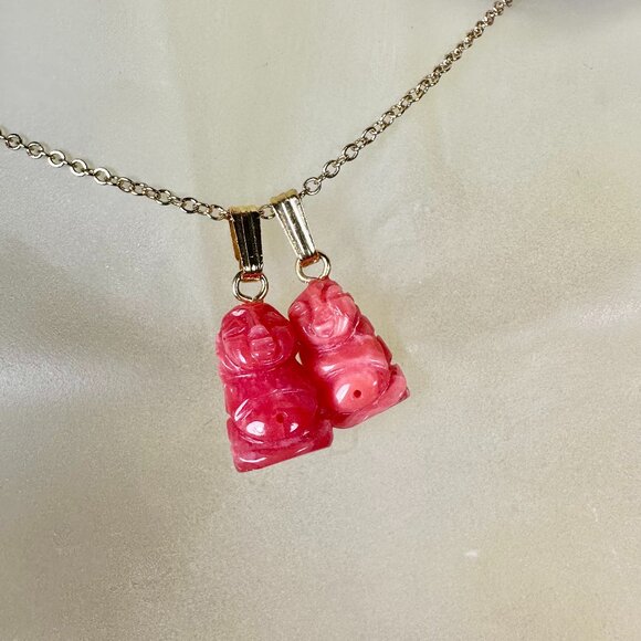 NEW 2 Genuine Coral Happy Buddhas on 2 Gold Tone Chain - Picture 3 of 4